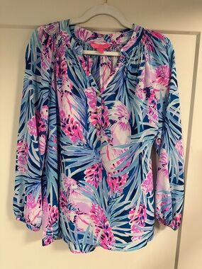 Lilly Pulitzer Tropical Floral Pintuck Blouse - Pink & Blue